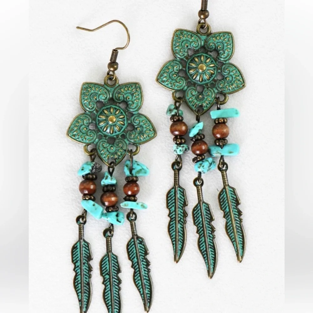 Boho Gypsy Stamped Metal Patina Drop Earrings - Picture 6 of 13